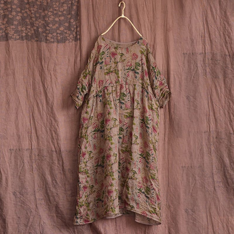 Robe Ample En Lin À Fleurs Vintage Printemps-été