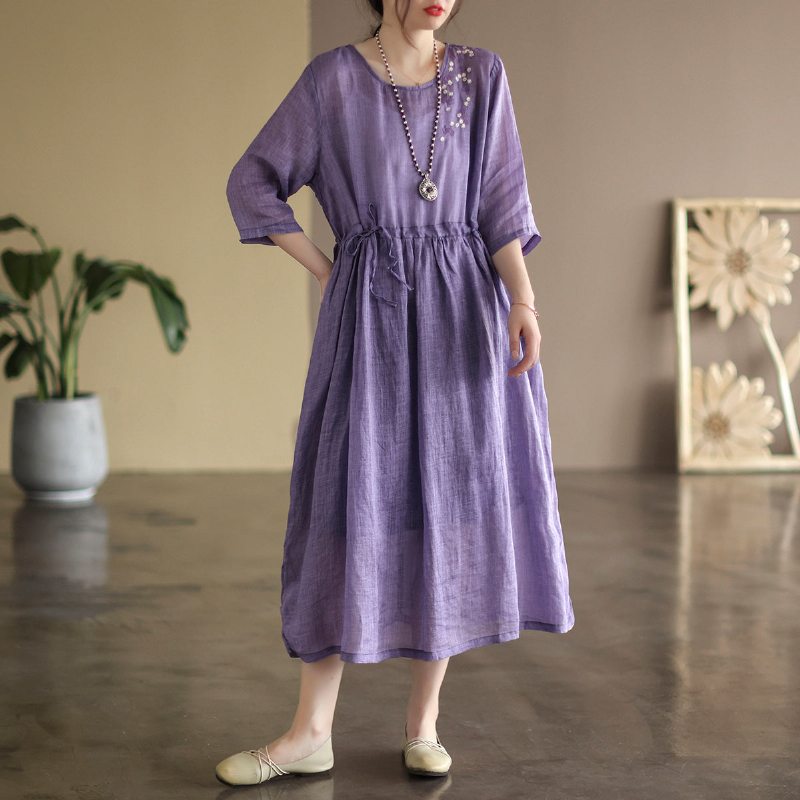 Robe Ample En Lin Vintage À Demi-manches Printemps-été