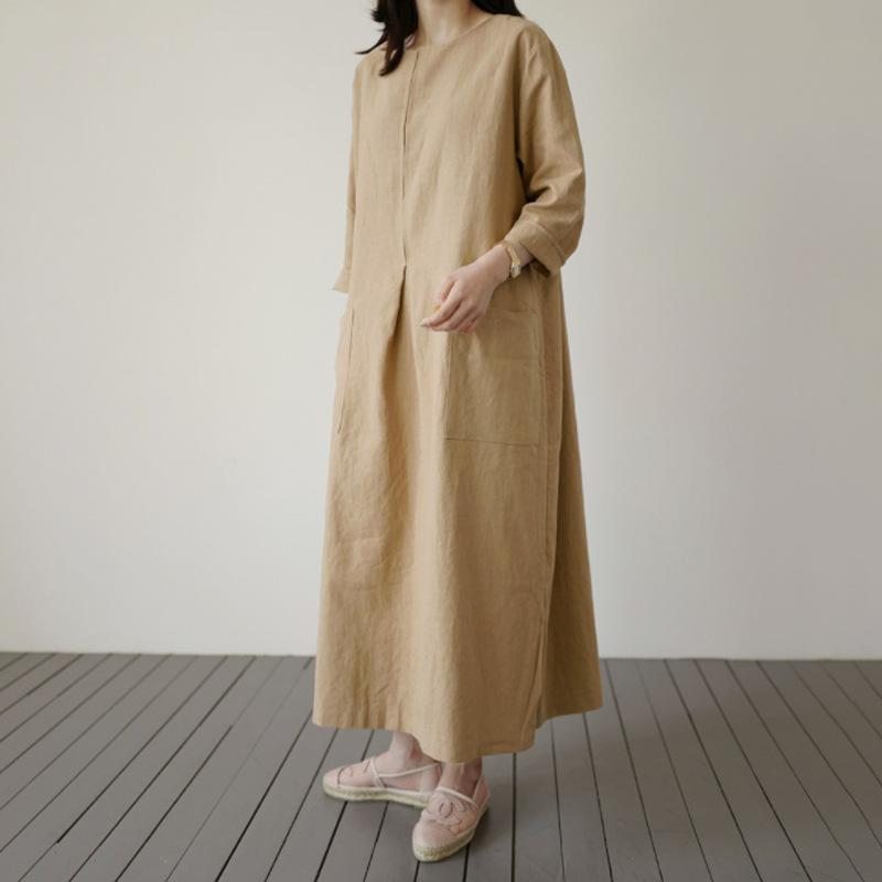 Robe Ample À Manches Longues En Coton Et Lin De Couleur Unie