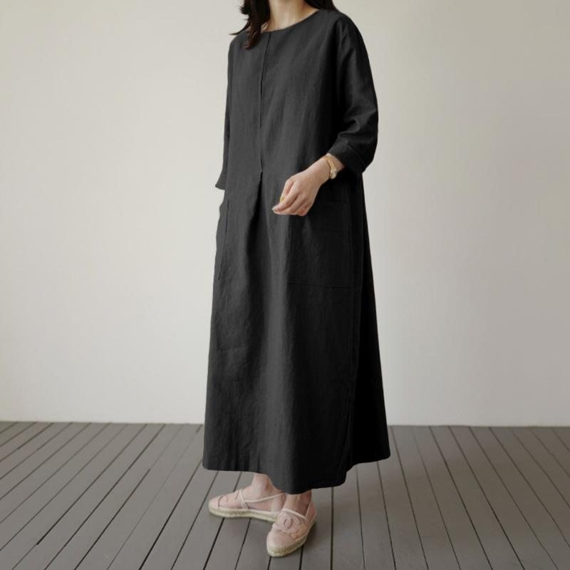 Robe Ample À Manches Longues En Coton Et Lin De Couleur Unie