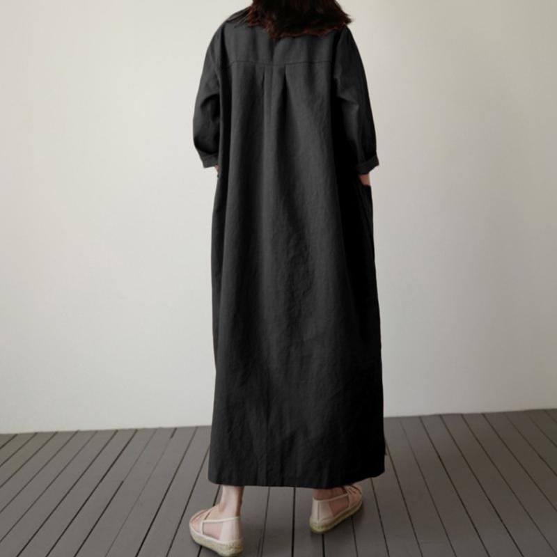 Robe Ample À Manches Longues En Coton Et Lin De Couleur Unie