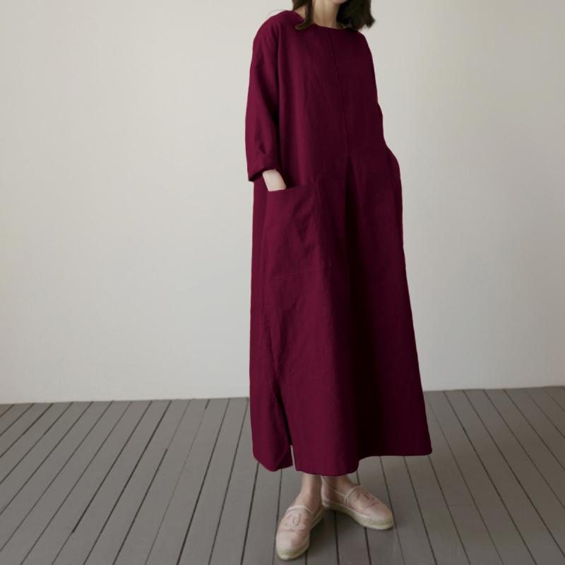 Robe Ample À Manches Longues En Coton Et Lin De Couleur Unie