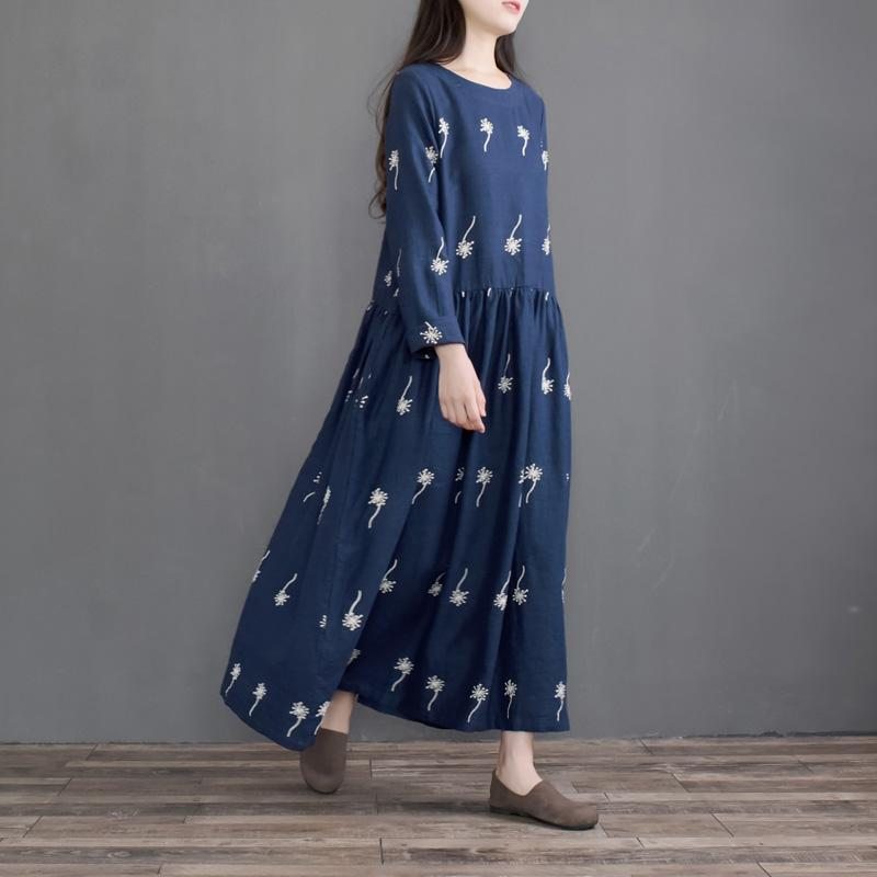 Robe Ample À Manches Longues En Lin Brodé Vintage