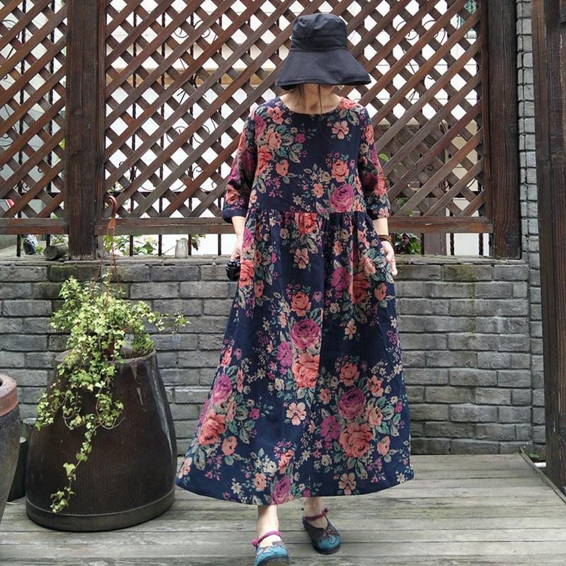 Robe Ample À Manches Mi-longues À Fleurs Vintage