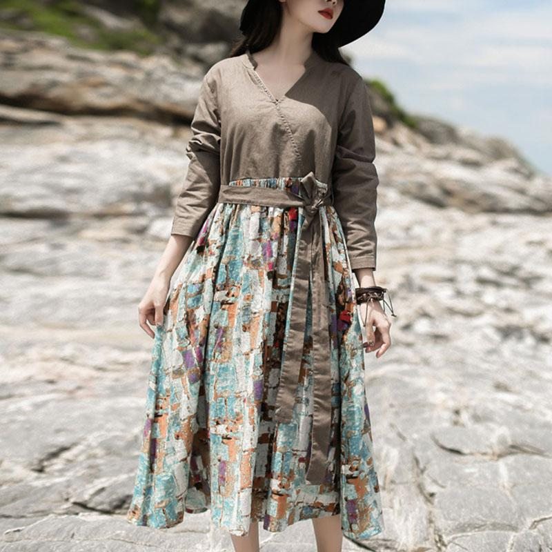 Robe D'automne En Lin Et Coton Patchwork À Col En V