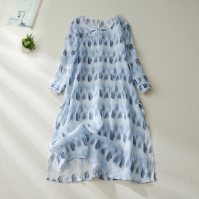 Robe Bleue En Lin Imprimée Vintage D'été