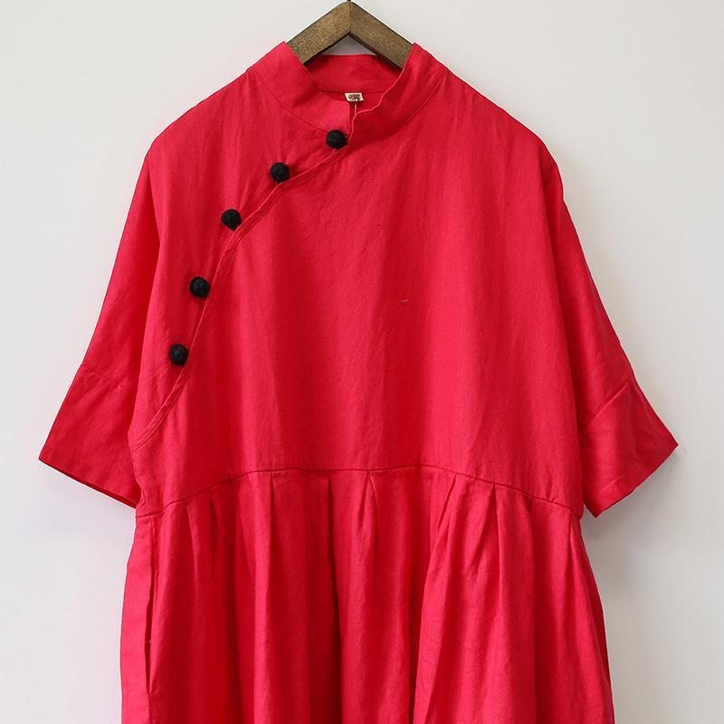 Robe Boutonnée Grenouille Chinoise En Lin À Col Montant Rétro