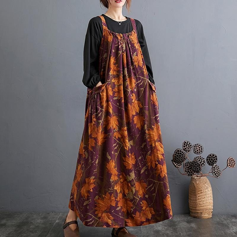 Robe À Bretelles Florales Imprimée En Coton Ample Ethnique D'automne