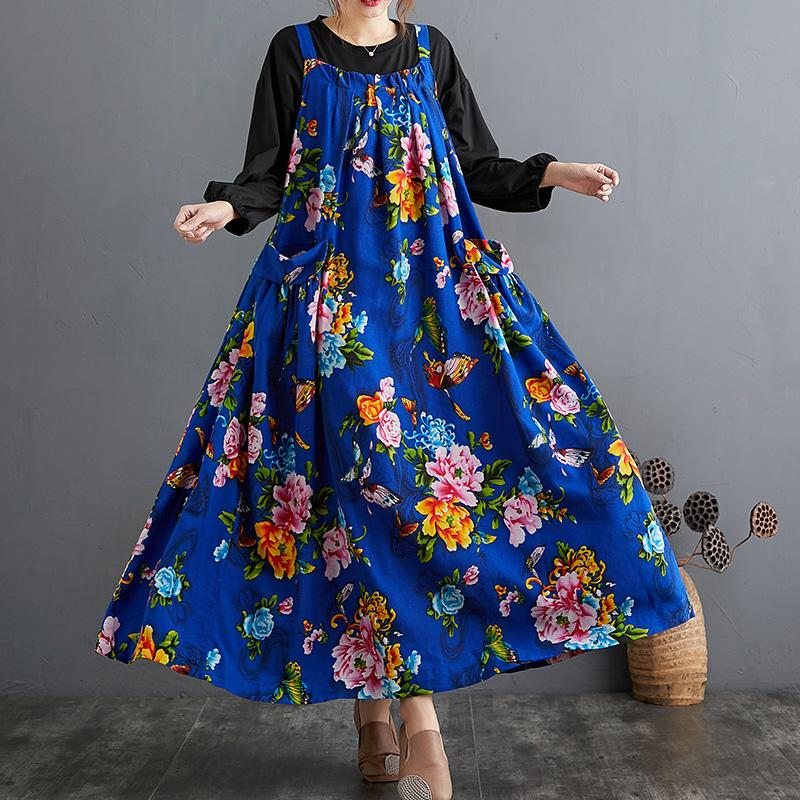 Robe À Bretelles Florales Imprimée En Coton Ample Ethnique D'automne