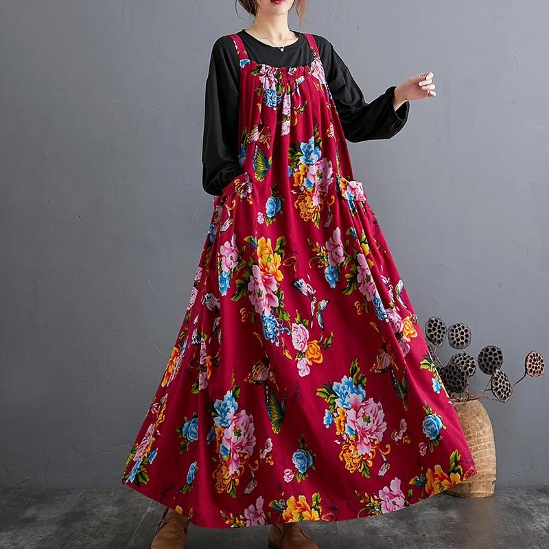 Robe À Bretelles Florales Imprimée En Coton Ample Ethnique D'automne