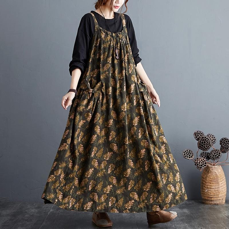 Robe À Bretelles Florales Imprimée En Coton Ample Ethnique D'automne