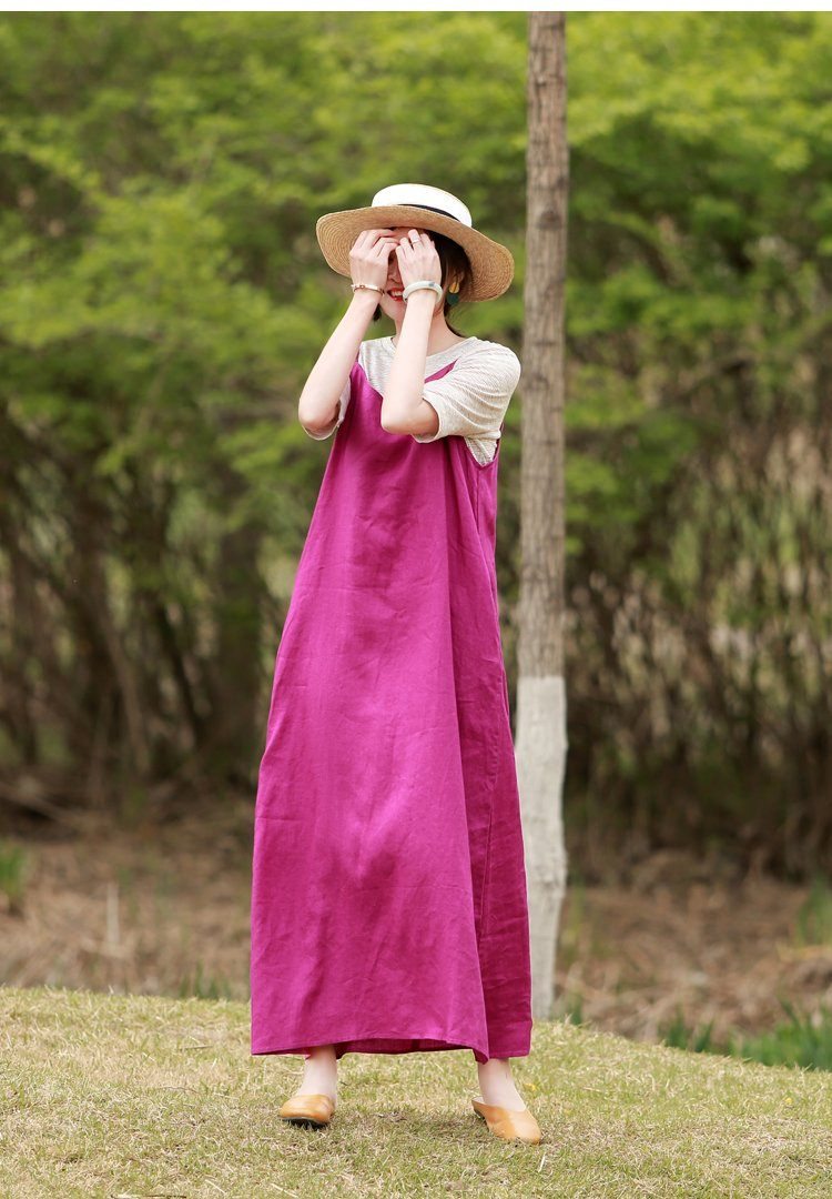 Robe À Bretelles En Lin Rouge Rose Printemps Été