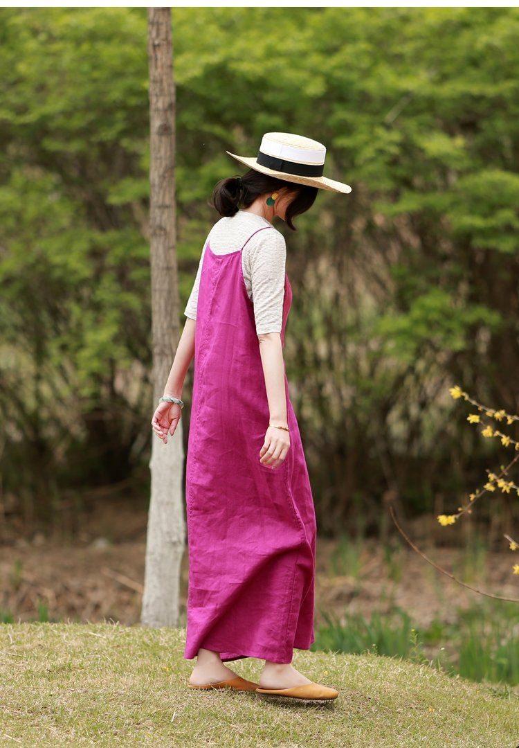 Robe À Bretelles En Lin Rouge Rose Printemps Été