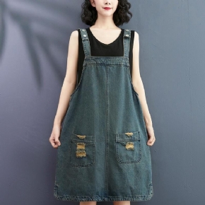 Robe À Bretelles Mi-longue En Denim Ample D'été