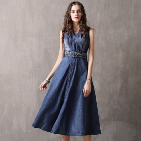 Robe De Broderie Rétro Décontractée En Denim Sans Manches