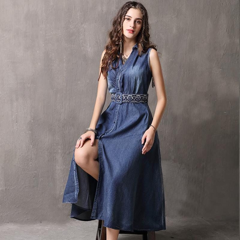 Robe De Broderie Rétro Décontractée En Denim Sans Manches