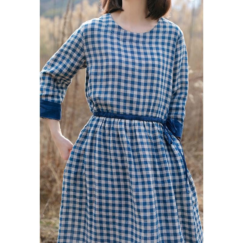 Robe À Carreaux Bleu Lin Coton Rétro