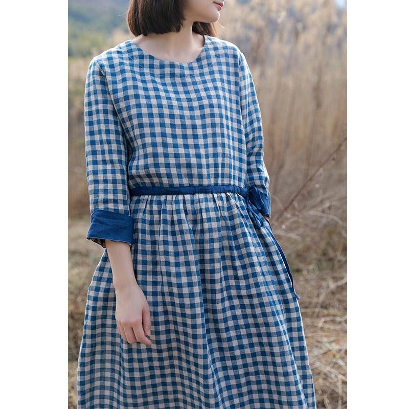 Robe À Carreaux Bleu Lin Coton Rétro