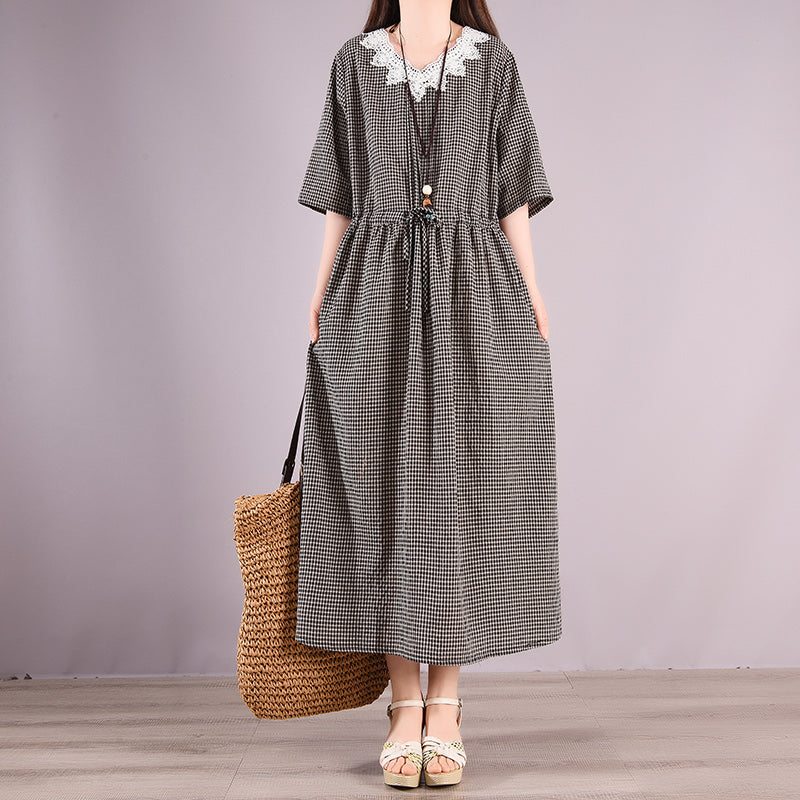 Robe À Carreaux En Coton Décontracté Vintage D'été