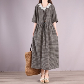 Robe À Carreaux En Coton Décontracté Vintage D'été