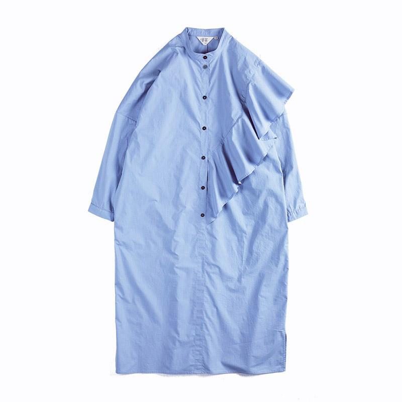 Robe Chemise Bleue À Volants À Manches Longues De Printemps