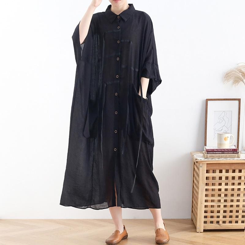 Robe Chemise Noire À Manches Chauve-souris Printanière