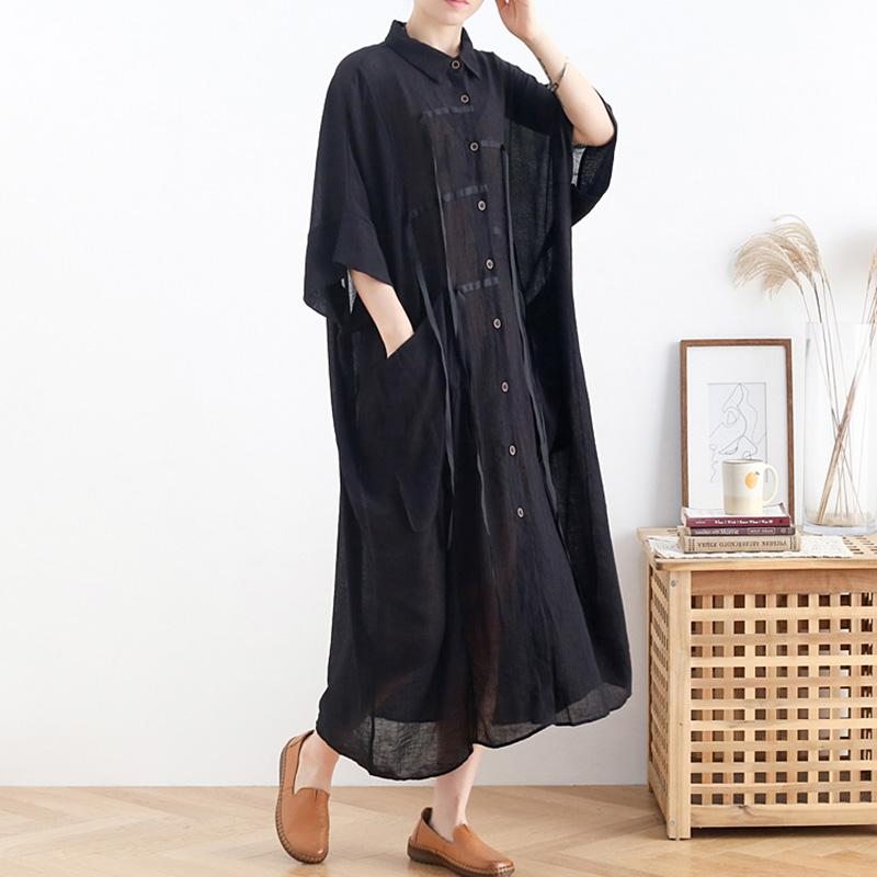 Robe Chemise Noire À Manches Chauve-souris Printanière