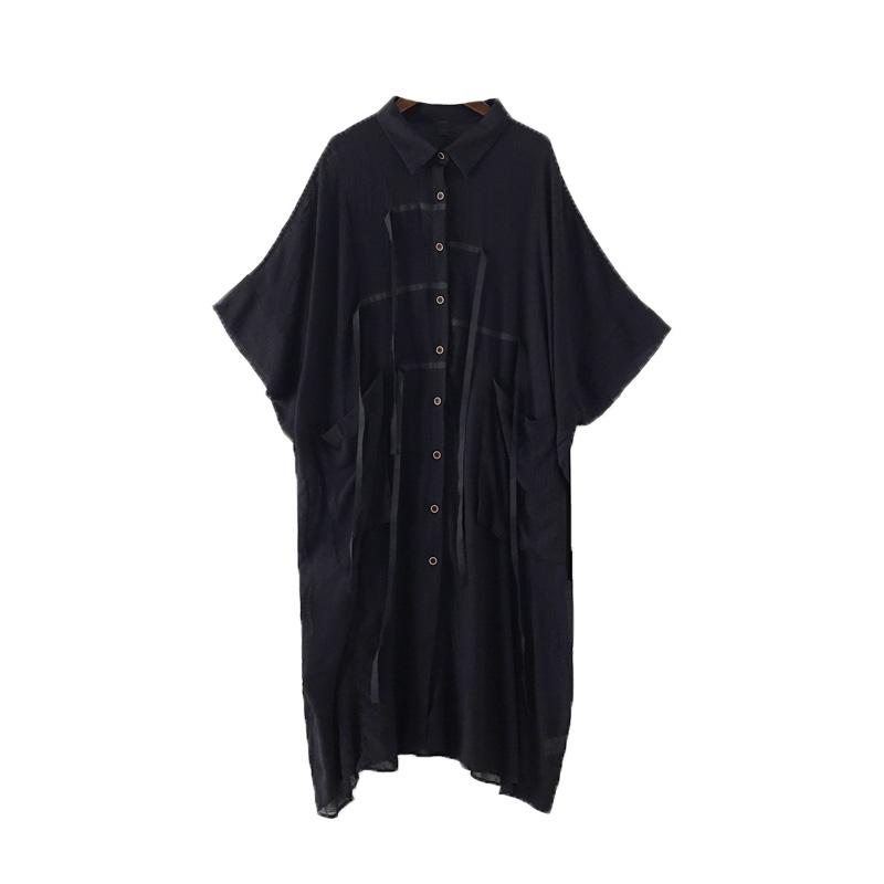 Robe Chemise Noire À Manches Chauve-souris Printanière