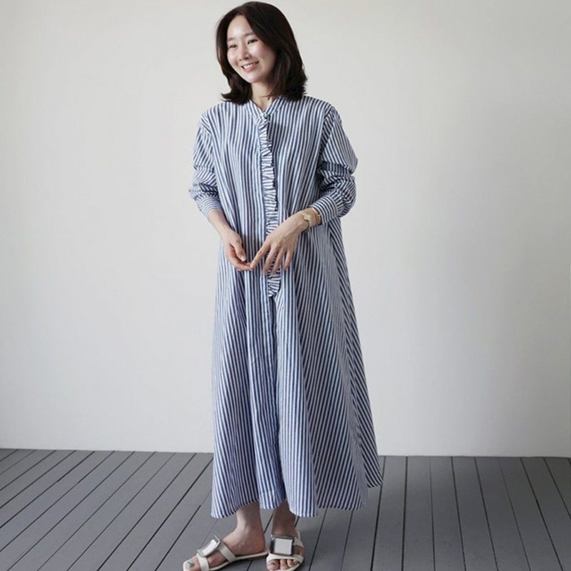 Robe Chemise Rayée À Manches Longues Pour Femmes