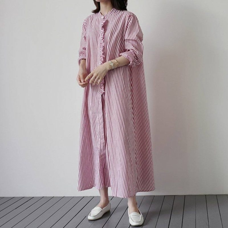 Robe Chemise Rayée À Manches Longues Pour Femmes