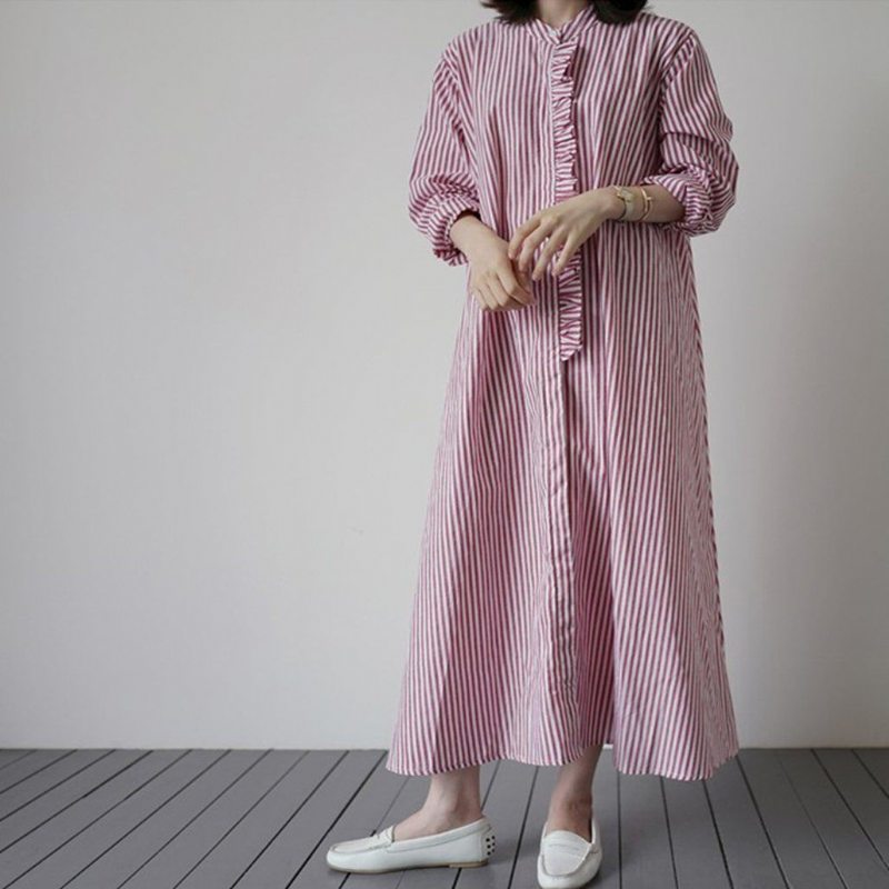 Robe Chemise Rayée À Manches Longues Pour Femmes