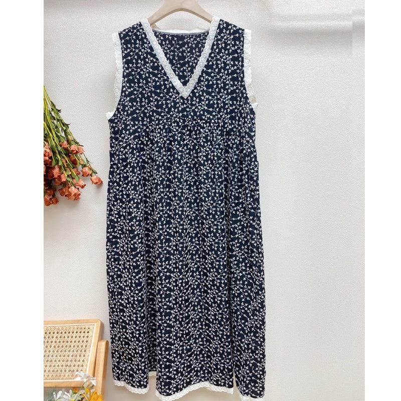 Robe En Coton À Col En V Et À Fleurs Rétro D'été