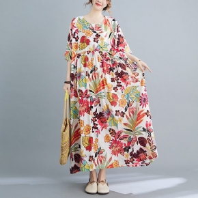 Robe En Coton À Manches Courtes À Fleurs Rétro Printemps-été Grande Taille