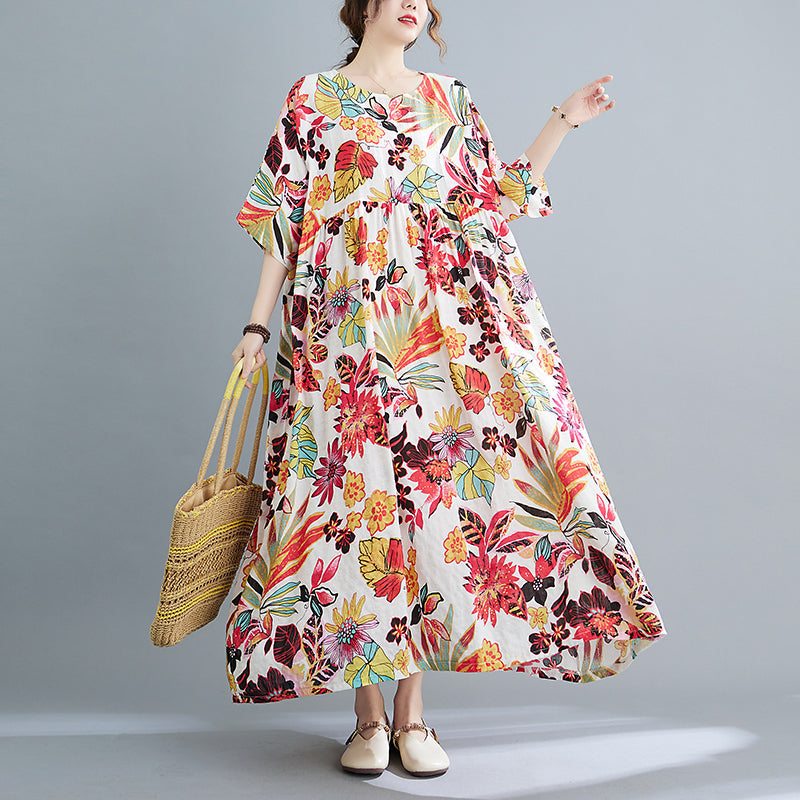 Robe En Coton À Manches Courtes À Fleurs Rétro Printemps-été Grande Taille