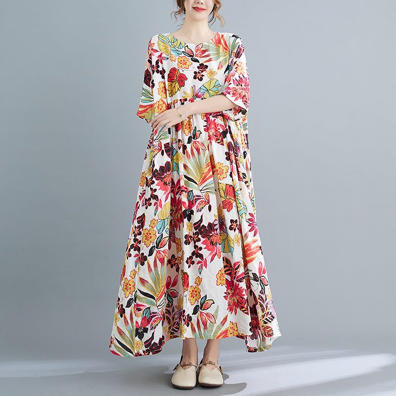 Robe En Coton À Manches Courtes À Fleurs Rétro Printemps-été Grande Taille