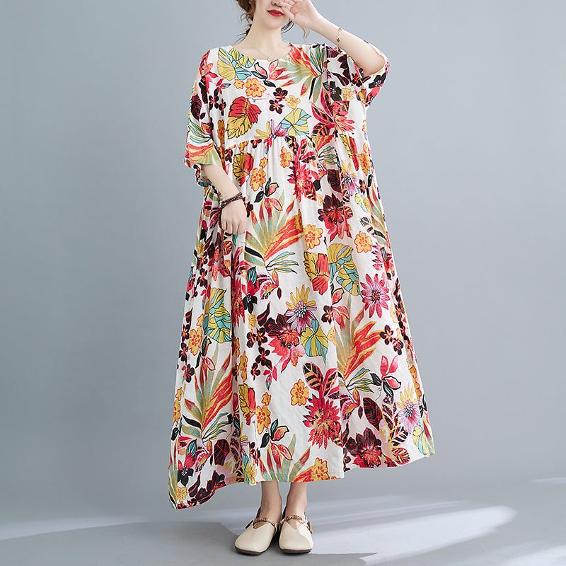 Robe En Coton À Manches Courtes À Fleurs Rétro Printemps-été Grande Taille