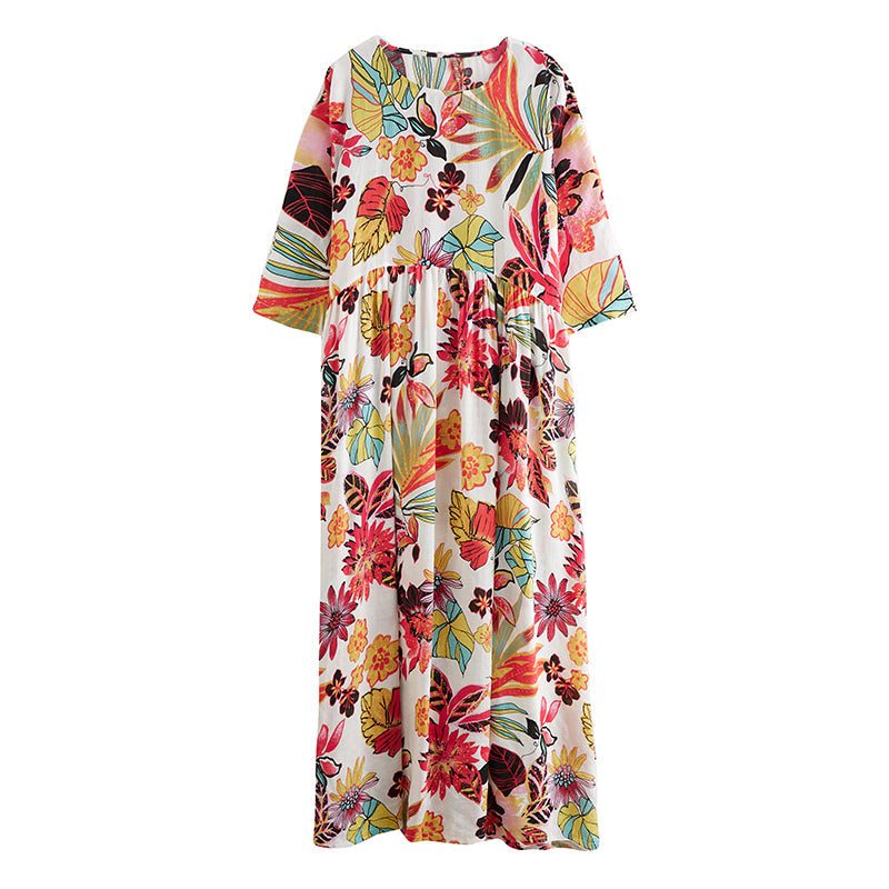 Robe En Coton À Manches Courtes À Fleurs Rétro Printemps-été Grande Taille