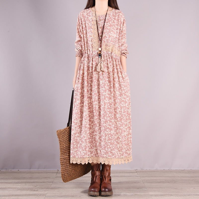 Robe En Coton À Manches Longues Décontractée À Fleurs Rétro Printemps