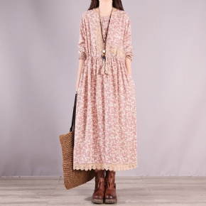 Robe En Coton À Manches Longues Décontractée À Fleurs Rétro Printemps