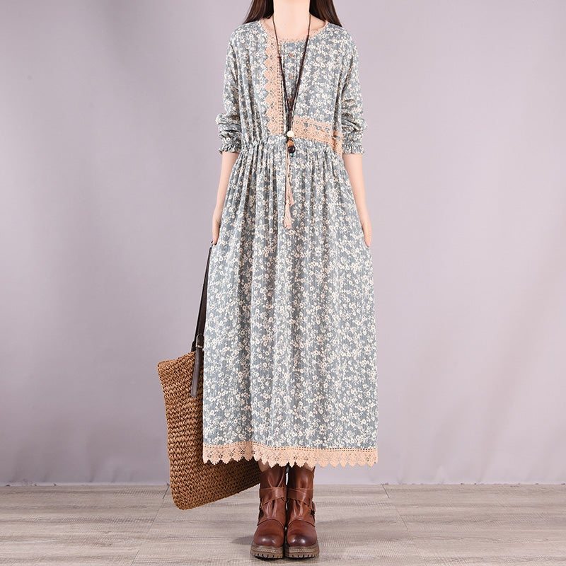 Robe En Coton À Manches Longues Décontractée À Fleurs Rétro Printemps