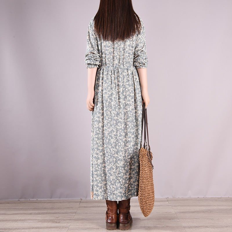 Robe En Coton À Manches Longues Décontractée À Fleurs Rétro Printemps