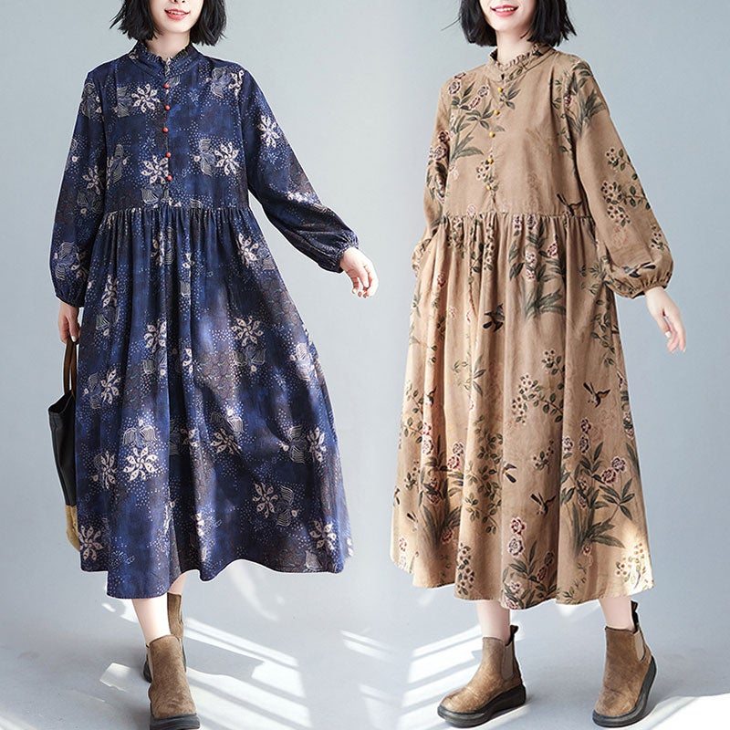 Robe Décontractée Ample À Fleurs Rétro À Manches Longues