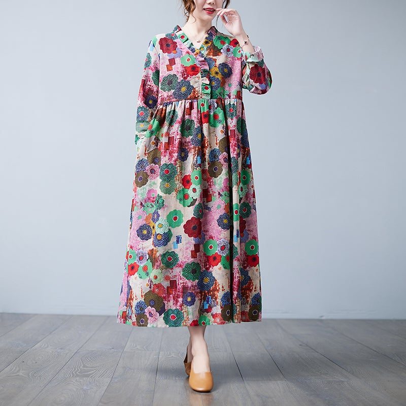 Robe Décontractée Grande Taille À Fleurs Rétro À Col En V