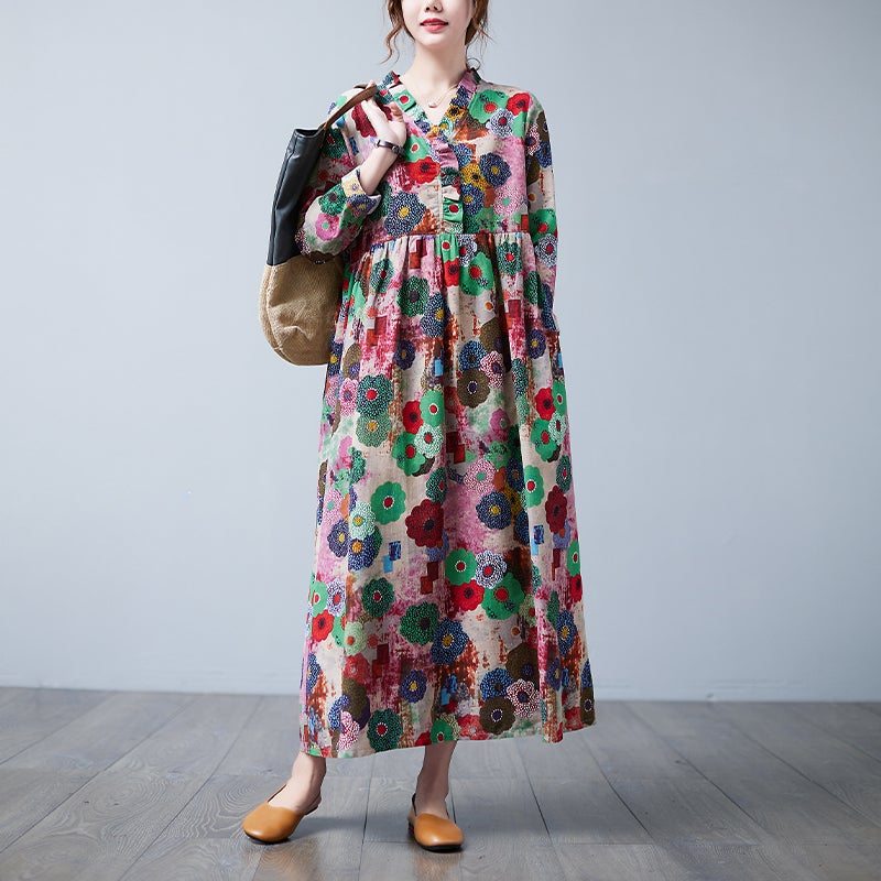 Robe Décontractée Grande Taille À Fleurs Rétro À Col En V