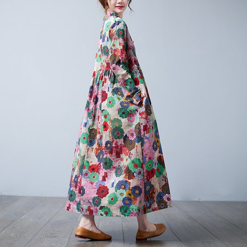 Robe Décontractée Grande Taille À Fleurs Rétro À Col En V