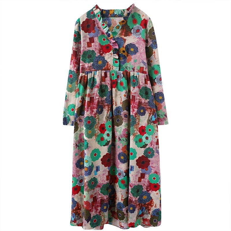 Robe Décontractée Grande Taille À Fleurs Rétro À Col En V