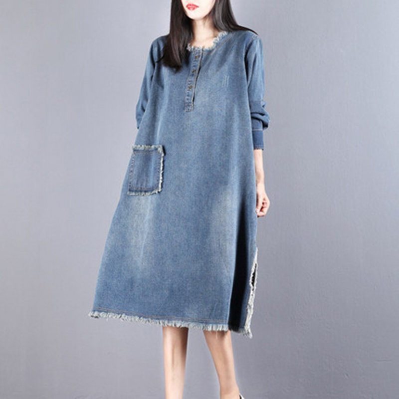 Robe Décontractée À Manches Longues En Denim Pour Femme