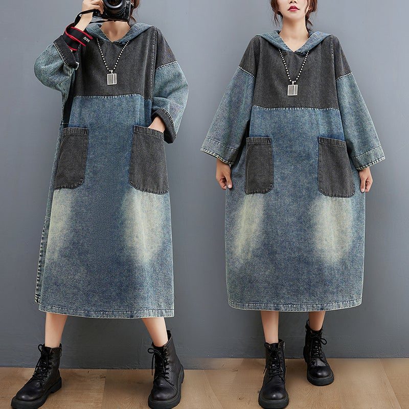 Robe En Denim À Capuche Ample À Épissage Rétro Printanier