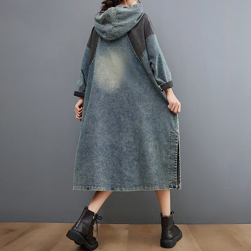 Robe En Denim À Capuche Ample À Épissage Rétro Printanier