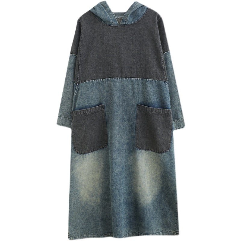 Robe En Denim À Capuche Ample À Épissage Rétro Printanier